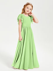 Chiffon Junior Bridesmaid Dresses with Lace Flutter Sleeves Sage