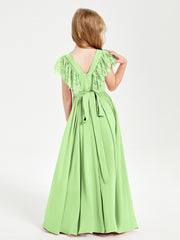 Chiffon Junior Bridesmaid Dresses with Lace Flutter Sleeves Sage