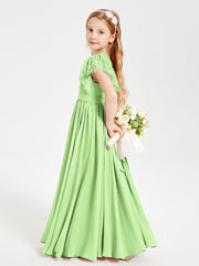 Chiffon Junior Bridesmaid Dresses with Lace Flutter Sleeves Sage