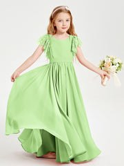 Chiffon Junior Bridesmaid Dresses with Lace Flutter Sleeves Sage