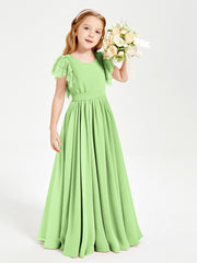 Chiffon Junior Bridesmaid Dresses with Lace Flutter Sleeves Sage