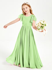 Chiffon Junior Bridesmaid Dresses with Lace Flutter Sleeves Sage