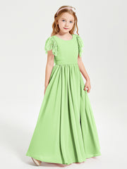 Chiffon Junior Bridesmaid Dresses with Lace Flutter Sleeves Sage