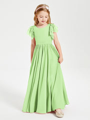 Chiffon Junior Bridesmaid Dresses with Lace Flutter Sleeves Sage