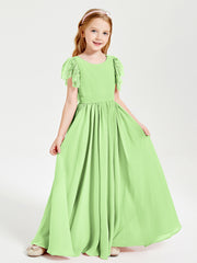 Chiffon Junior Bridesmaid Dresses with Lace Flutter Sleeves Sage