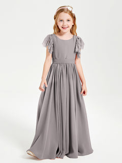 Chiffon Junior Bridesmaid Dresses with Lace Flutter Sleeves Silver