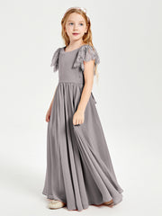 Chiffon Junior Bridesmaid Dresses with Lace Flutter Sleeves Silver
