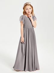 Chiffon Junior Bridesmaid Dresses with Lace Flutter Sleeves Silver