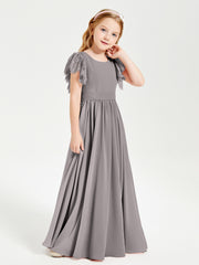 Chiffon Junior Bridesmaid Dresses with Lace Flutter Sleeves Silver