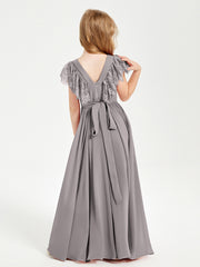 Chiffon Junior Bridesmaid Dresses with Lace Flutter Sleeves Silver