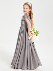 Chiffon Junior Bridesmaid Dresses with Lace Flutter Sleeves Silver