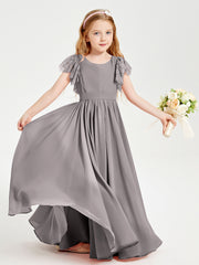 Chiffon Junior Bridesmaid Dresses with Lace Flutter Sleeves Silver