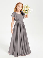 Chiffon Junior Bridesmaid Dresses with Lace Flutter Sleeves Silver
