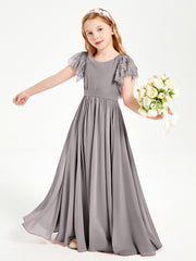 Chiffon Junior Bridesmaid Dresses with Lace Flutter Sleeves Silver