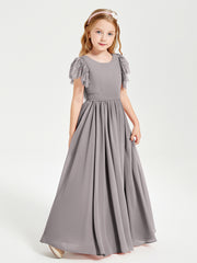 Chiffon Junior Bridesmaid Dresses with Lace Flutter Sleeves Silver