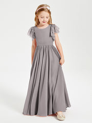 Chiffon Junior Bridesmaid Dresses with Lace Flutter Sleeves Silver
