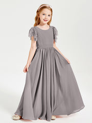 Chiffon Junior Bridesmaid Dresses with Lace Flutter Sleeves Silver