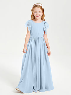 Chiffon Junior Bridesmaid Dresses with Lace Flutter Sleeves Sky Blue