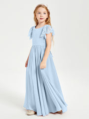 Chiffon Junior Bridesmaid Dresses with Lace Flutter Sleeves Sky Blue