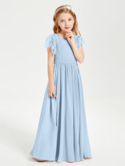 Chiffon Junior Bridesmaid Dresses with Lace Flutter Sleeves Sky Blue