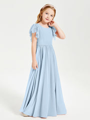Chiffon Junior Bridesmaid Dresses with Lace Flutter Sleeves Sky Blue