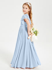 Chiffon Junior Bridesmaid Dresses with Lace Flutter Sleeves Sky Blue
