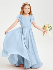 Chiffon Junior Bridesmaid Dresses with Lace Flutter Sleeves Sky Blue