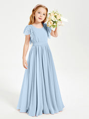 Chiffon Junior Bridesmaid Dresses with Lace Flutter Sleeves Sky Blue