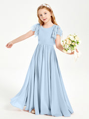 Chiffon Junior Bridesmaid Dresses with Lace Flutter Sleeves Sky Blue