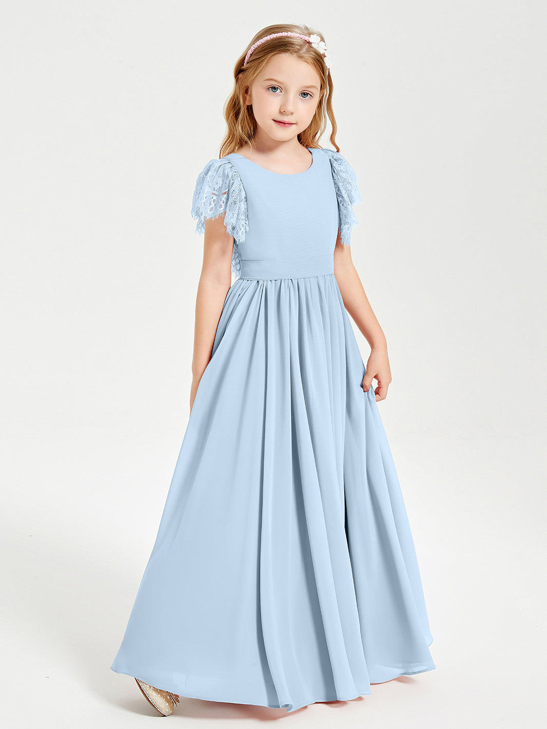 Pink Kids Grey Bridesmaid Dresses Chiffon Junior Bridesmaid Dresses With Lace Flutter Sleeves BABARONI BABARONI UK Pink Kids Grey Bridesmaid Dresses Chiffon Junior Bridesmaid Dresses With Lace Flutter Sleeves BABARONI BABARONI UK