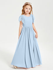 Chiffon Junior Bridesmaid Dresses with Lace Flutter Sleeves Sky Blue