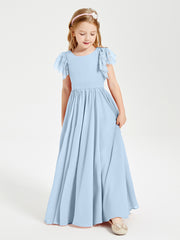 Chiffon Junior Bridesmaid Dresses with Lace Flutter Sleeves Sky Blue