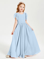 Chiffon Junior Bridesmaid Dresses with Lace Flutter Sleeves Sky Blue