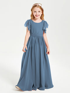 Chiffon Junior Bridesmaid Dresses with Lace Flutter Sleeves Slate Blue