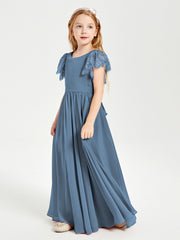 Chiffon Junior Bridesmaid Dresses with Lace Flutter Sleeves Slate Blue