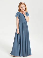 Chiffon Junior Bridesmaid Dresses with Lace Flutter Sleeves Slate Blue
