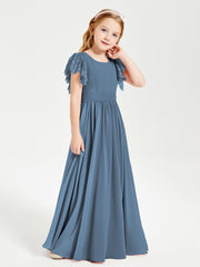 Chiffon Junior Bridesmaid Dresses with Lace Flutter Sleeves Slate Blue