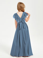 Chiffon Junior Bridesmaid Dresses with Lace Flutter Sleeves Slate Blue