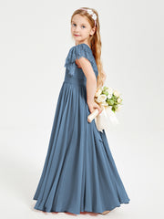 Chiffon Junior Bridesmaid Dresses with Lace Flutter Sleeves Slate Blue