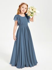 Chiffon Junior Bridesmaid Dresses with Lace Flutter Sleeves Slate Blue