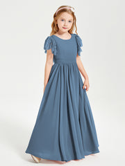 Chiffon Junior Bridesmaid Dresses with Lace Flutter Sleeves Slate Blue