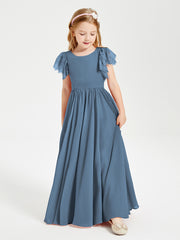 Chiffon Junior Bridesmaid Dresses with Lace Flutter Sleeves Slate Blue