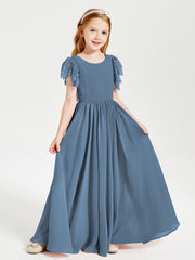 Chiffon Junior Bridesmaid Dresses with Lace Flutter Sleeves Slate Blue