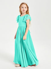 Chiffon Junior Bridesmaid Dresses with Lace Flutter Sleeves Spa