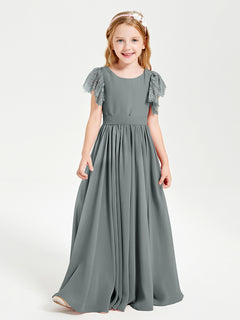 Chiffon Junior Bridesmaid Dresses with Lace Flutter Sleeves Steel Grey