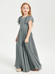 Chiffon Junior Bridesmaid Dresses with Lace Flutter Sleeves Steel Grey