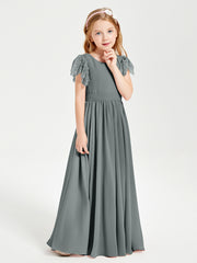 Chiffon Junior Bridesmaid Dresses with Lace Flutter Sleeves Steel Grey