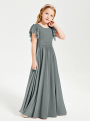 Chiffon Junior Bridesmaid Dresses with Lace Flutter Sleeves Steel Grey