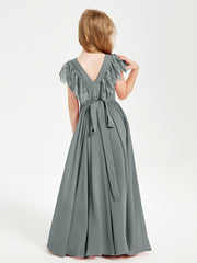 Chiffon Junior Bridesmaid Dresses with Lace Flutter Sleeves Steel Grey