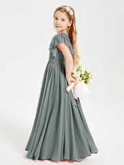 Chiffon Junior Bridesmaid Dresses with Lace Flutter Sleeves Steel Grey